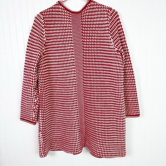 2XP TALBOTS‎ MERINO WOOL BASKETWEAVE DUSTER LONG CARDIGAN RED WHITE - Picture 9 of 11